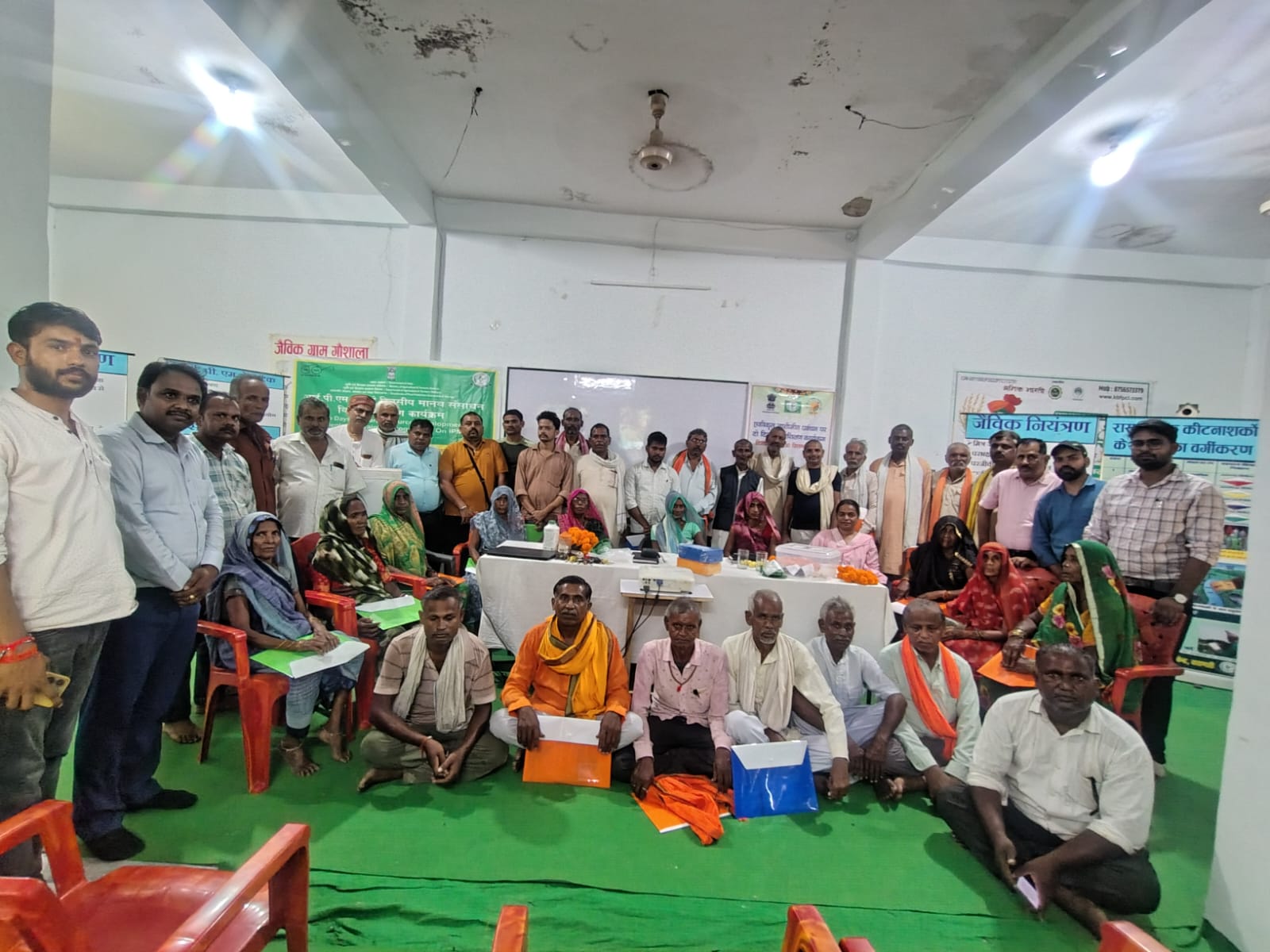 Farmers at an integrated pest management training organised by CIPMC Varanasi and BUAT Banda at the FPO office in Atarra